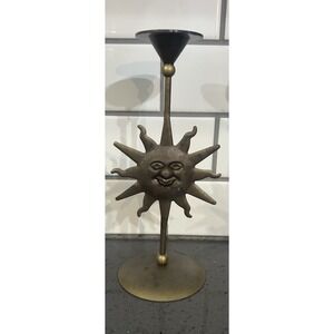 Vintage Metal Sun Face Candlestick Taper Candle Holder Celestial‎ Gold Tone